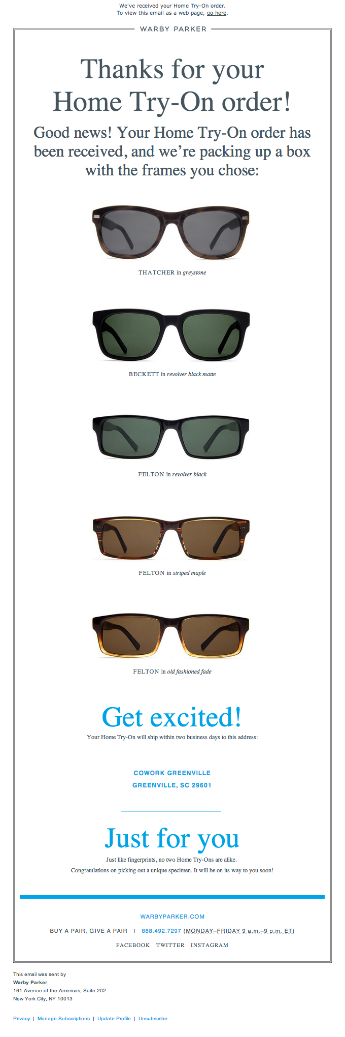 a thank you email by Warby Parker to its customers